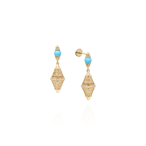 Al Merriyah Mood Colour Earrings in 18k Yellow gold with Turquoise and diamonds