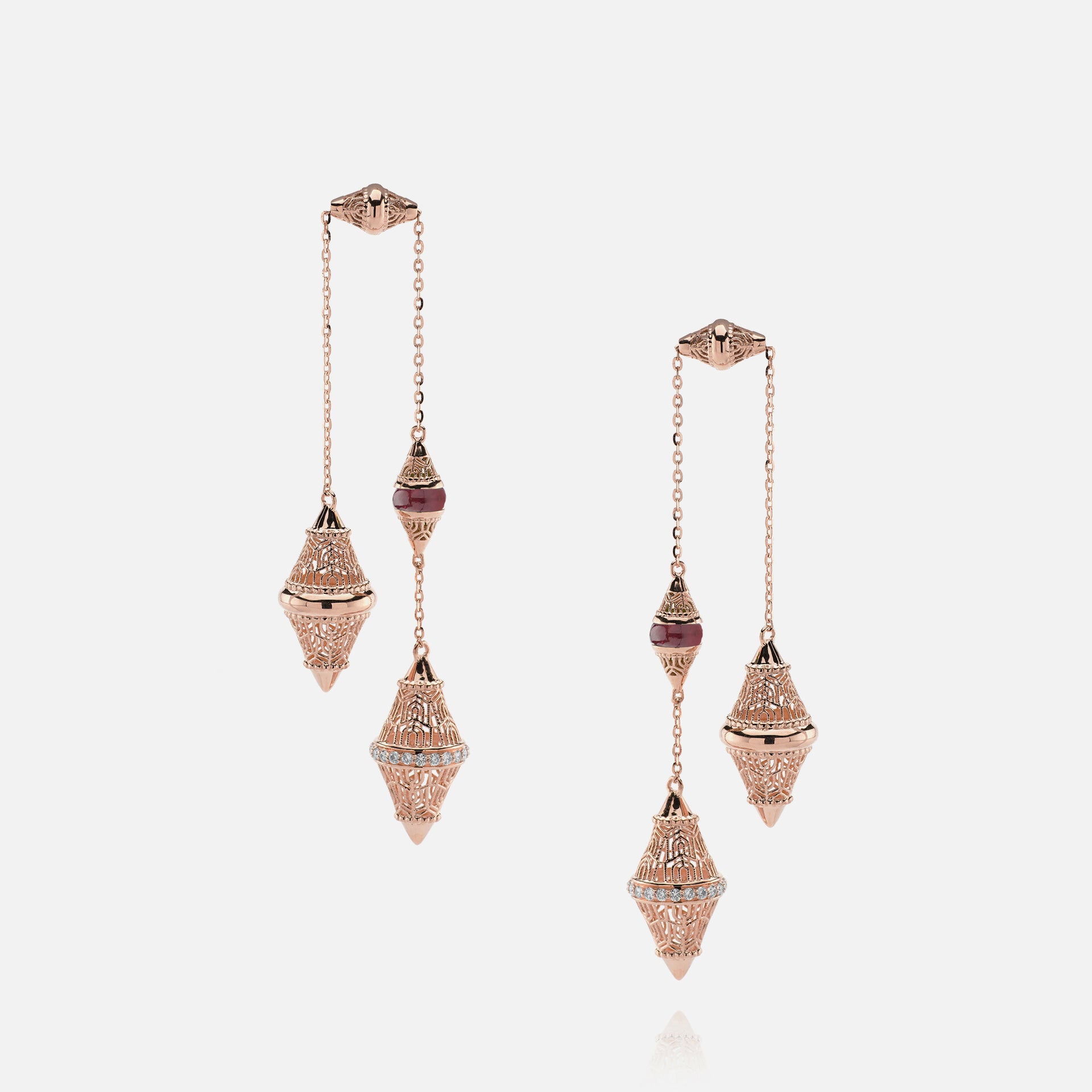 Al Merriyah mood colour earrings in 18k rose gold with ruby and diamonds - Al Zain Jewellery