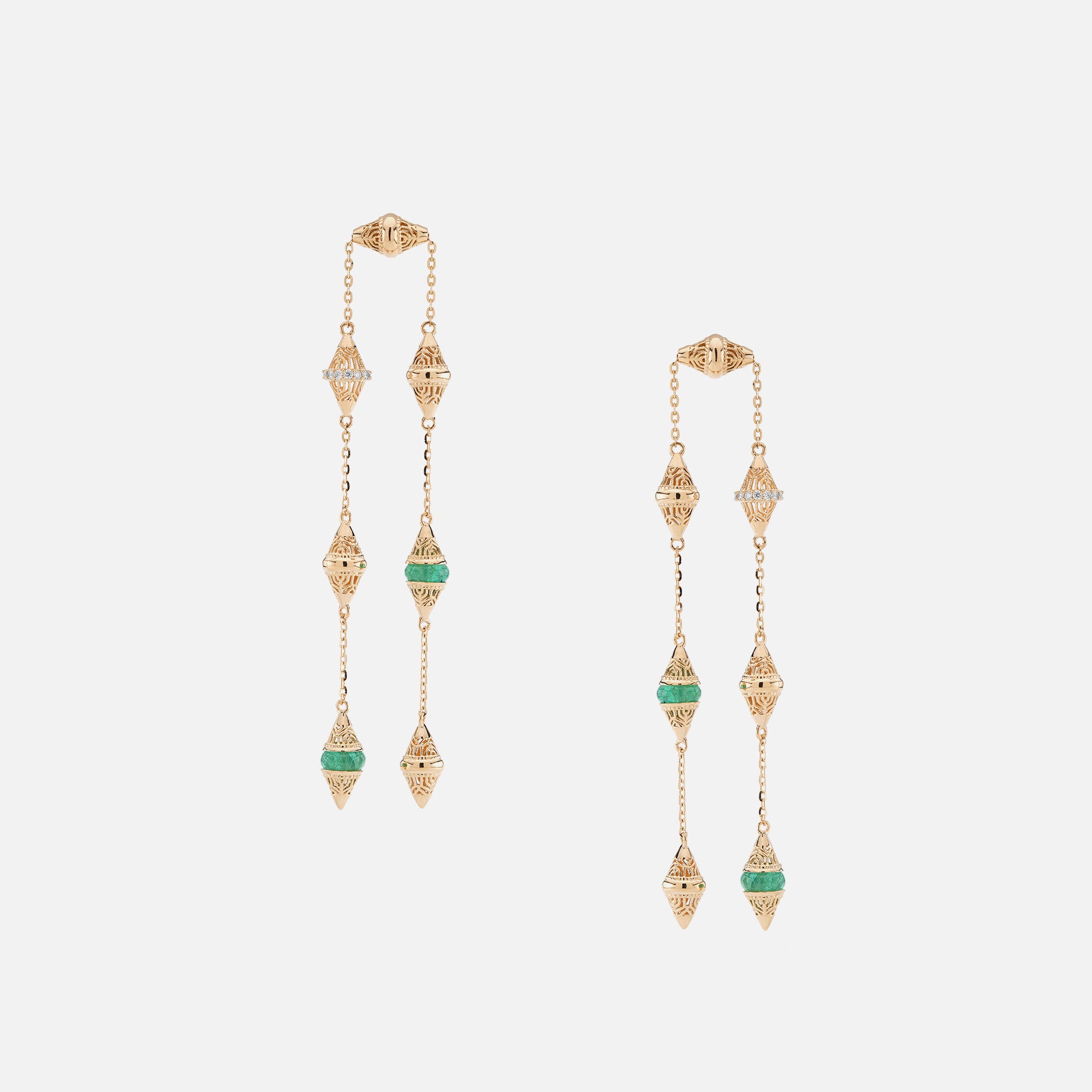 Al Merriyah mood colour earrings in 18k yellow gold with emerald and diamonds - Al Zain Jewellery
