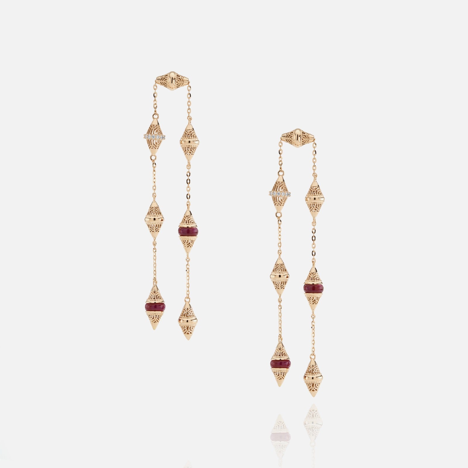 Al Merriyah mood colour earrings in 18k yellow gold with ruby and diamonds