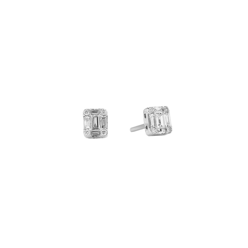 18k White gold stud earrings in emerald illusion cut set diamonds