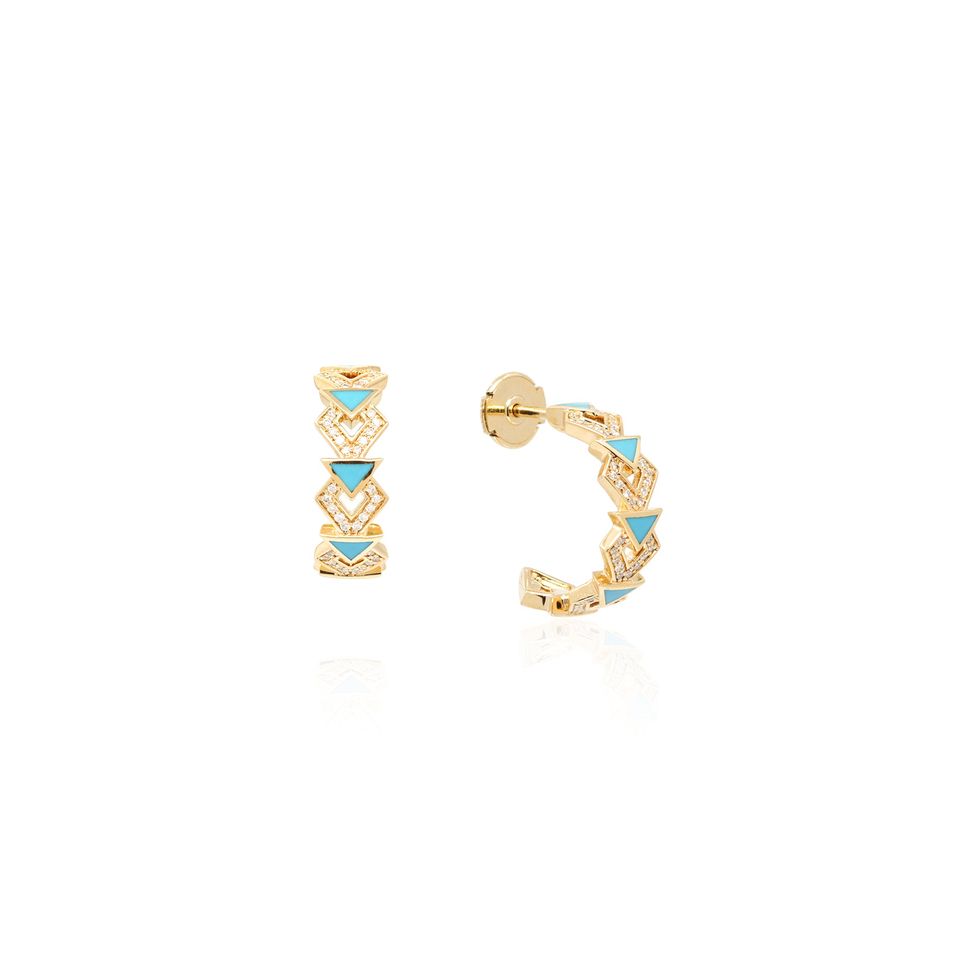 18k Yellow Gold Hoop Earrings with Turquoise and Diamonds