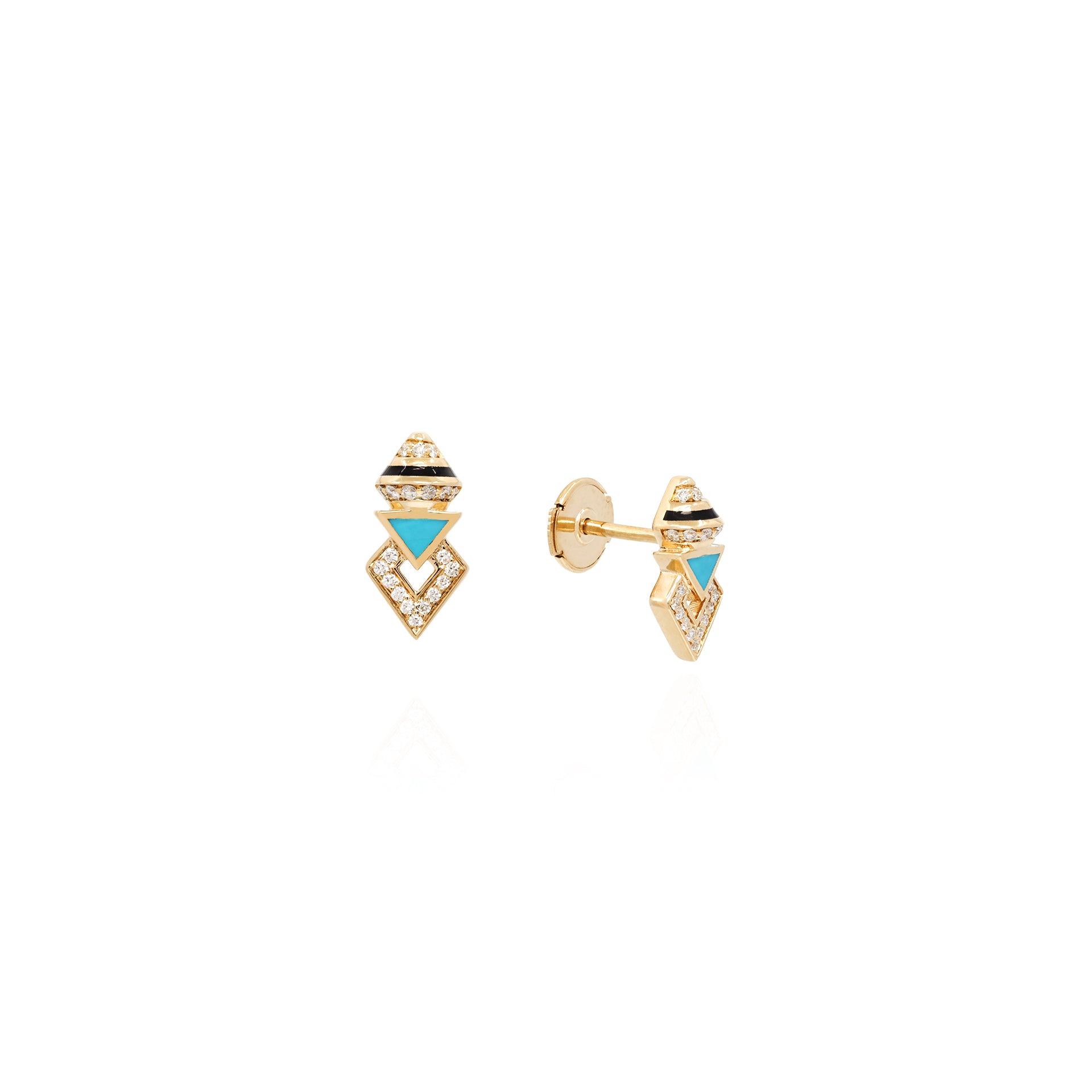 18k Yellow Gold Stud Earrings with Black & Turquoise Hyceram and Diamonds