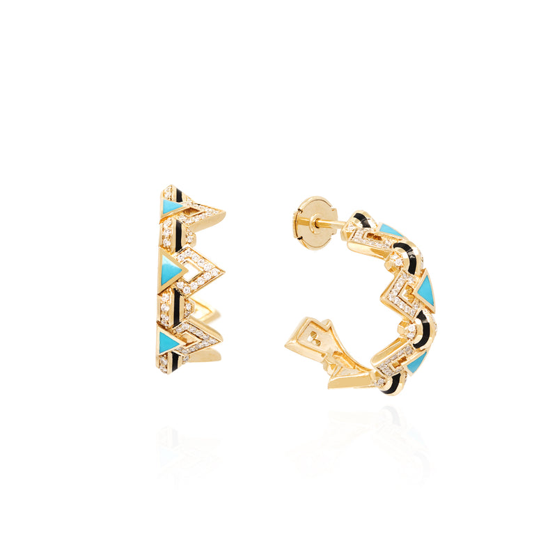 18k Yellow Gold Hoop Meduim Earrings with Black & Turquoise  Hyceram and Diamonds