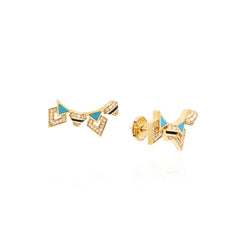 18k Yellow Gold Earrings with Black & Turquoise  Hyceram and Diamonds