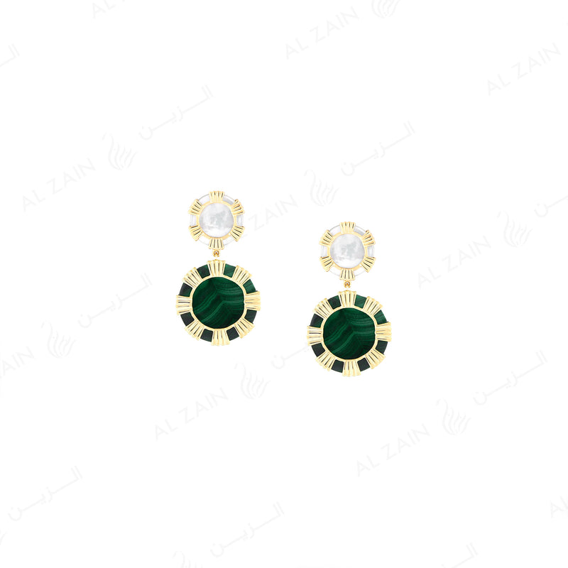 Cordoba earrings in yellow gold with mother of pearl and malachite stones