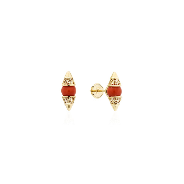 18k Yellow Gold Large Stud Earrings with Coral