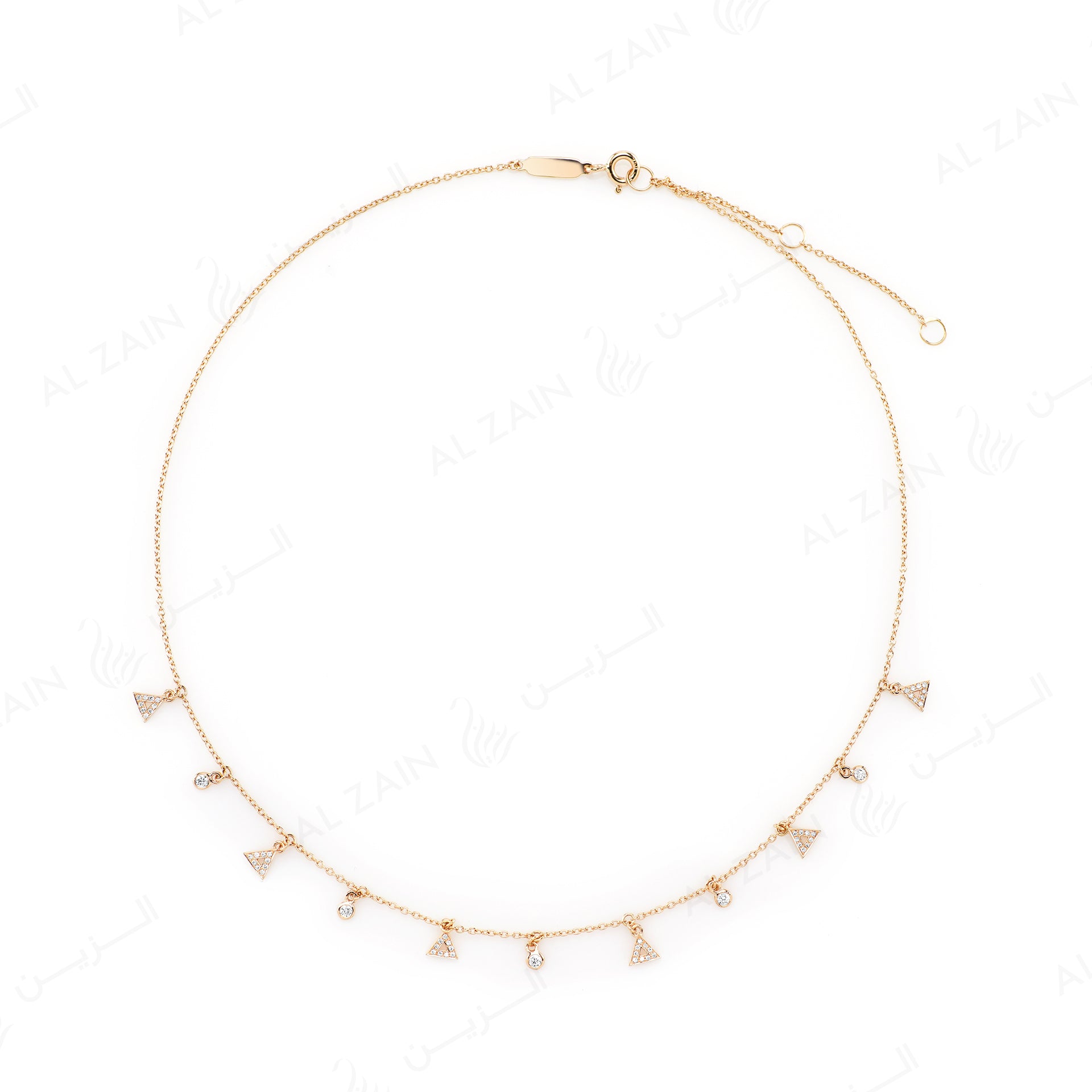 Melati Triangle Necklace in Yellow Gold with hanging diamonds