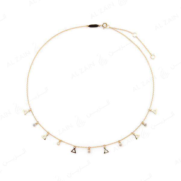 Melati Triangle Necklace in Yellow Gold with hanging diamonds