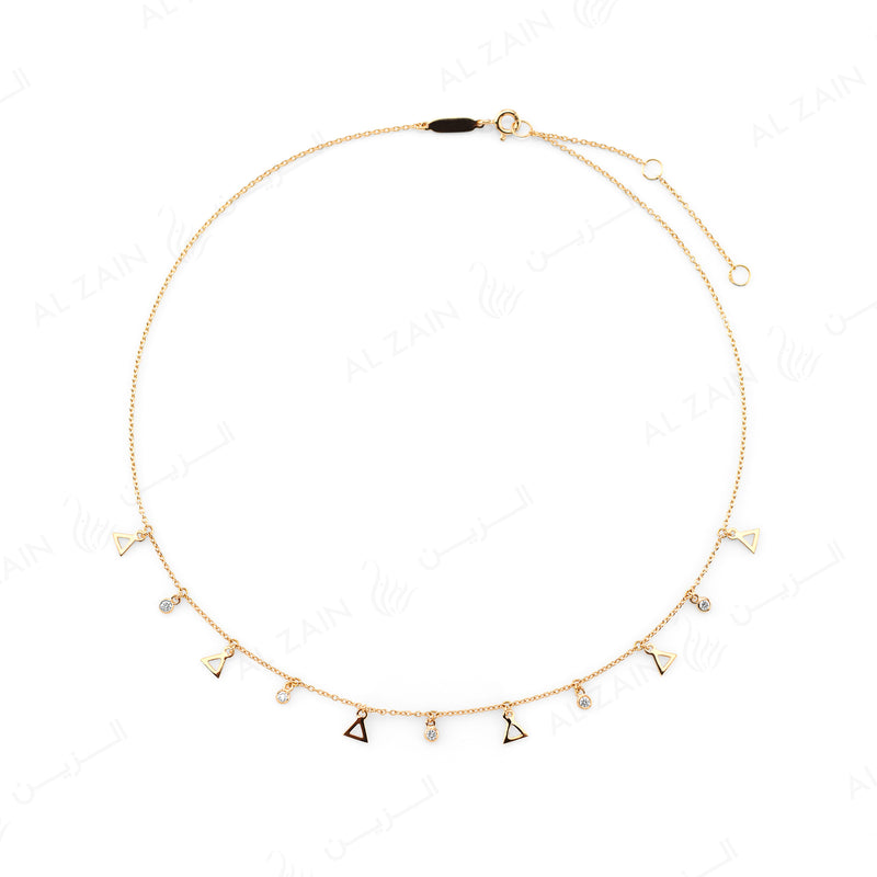 Melati Triangle Necklace in Yellow Gold with hanging diamonds