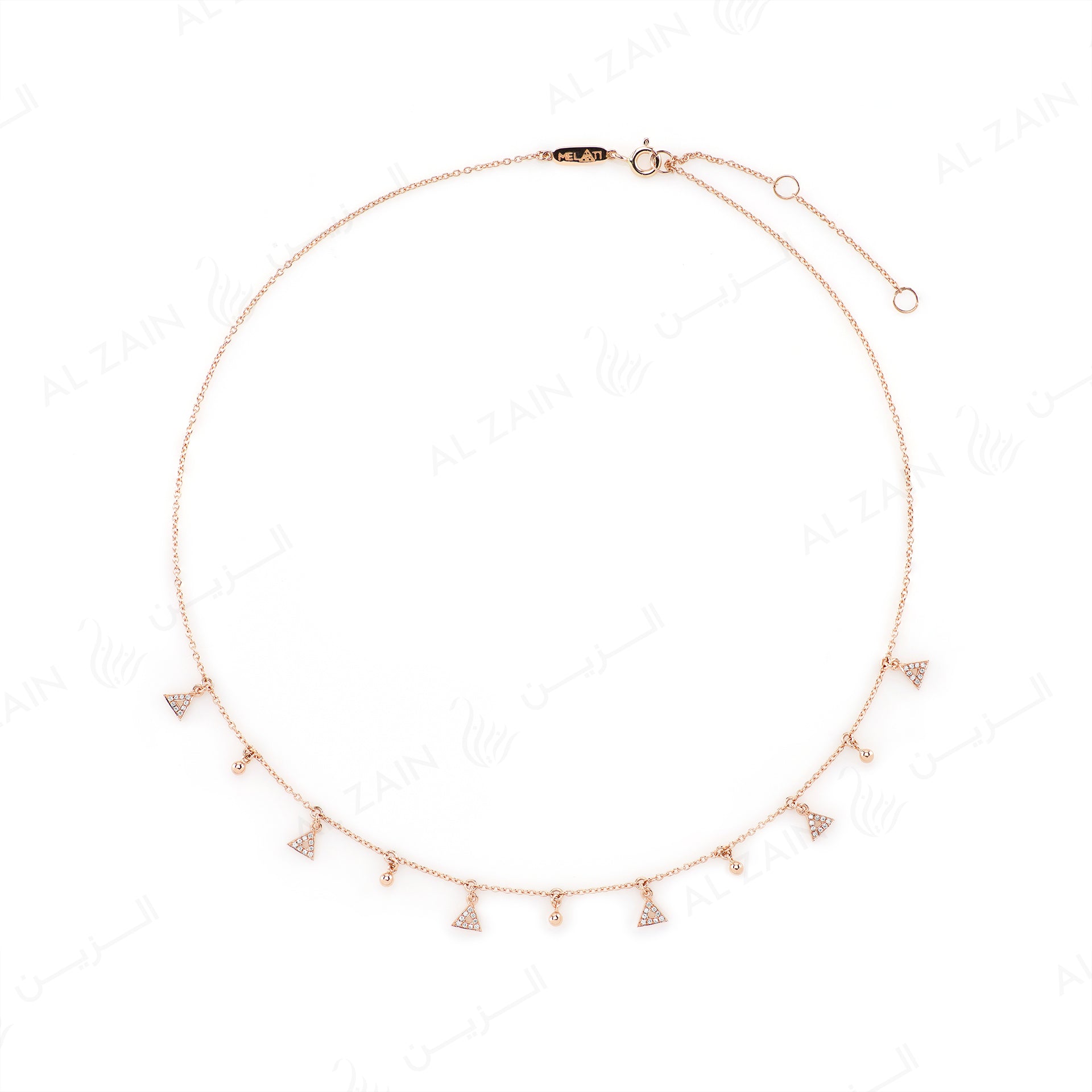 Melati Triangle Necklace in Rose Gold with hanging diamonds