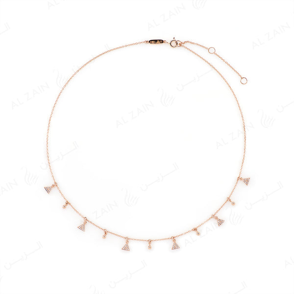 Melati Triangle Necklace in Rose Gold with hanging diamonds