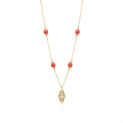 Al Merriyah mood colour in 18k Yellow Gold Small Pendant Necklace with Coral and Diamonds