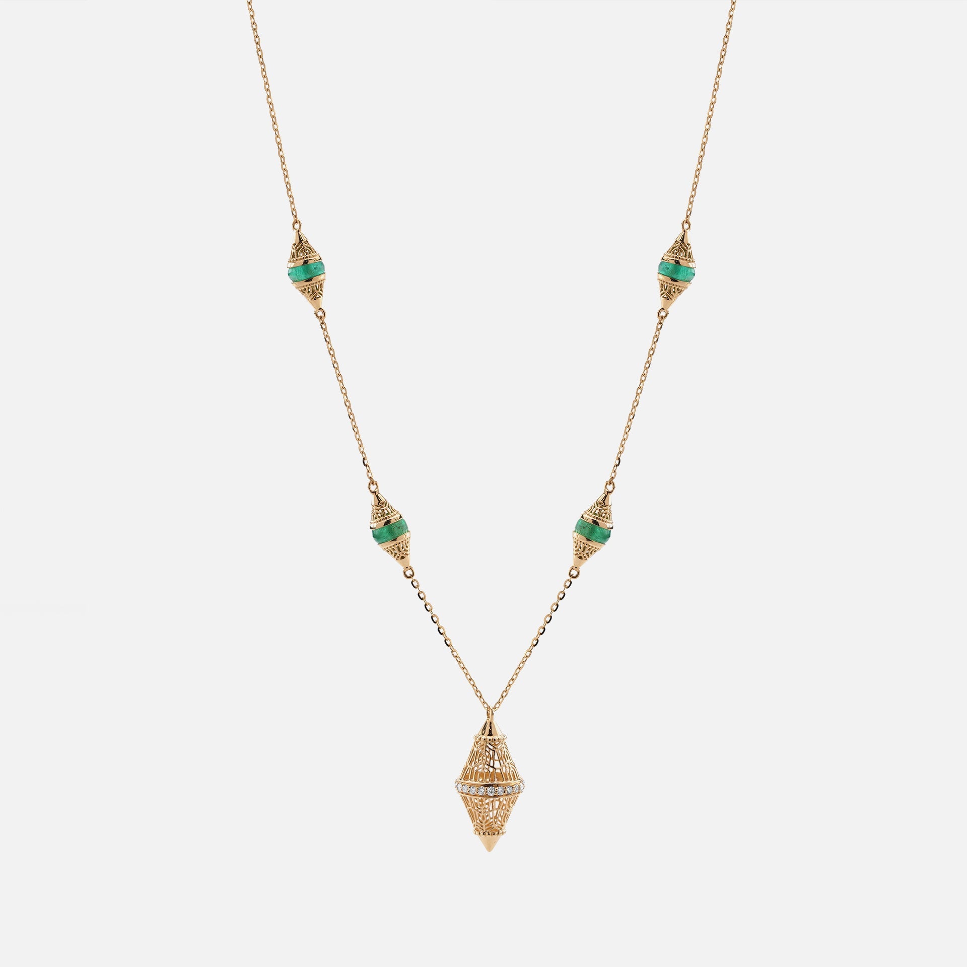 Al Merriyah mood colour necklace in 18k yellow gold with emerald and diamonds - Al Zain Jewellery