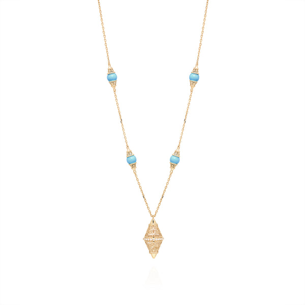 Al Merriyah mood colour in 18k Yellow Gold Small Pendant Necklace with Turquoise and Diamonds
