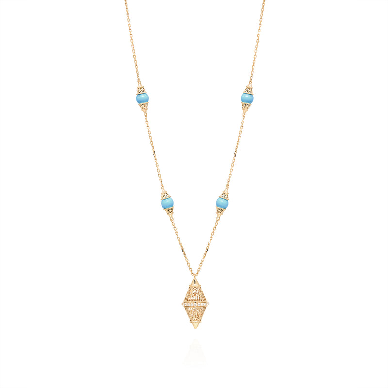 Al Merriyah mood colour in 18k Yellow Gold Small Pendant Necklace with Turquoise and Diamonds