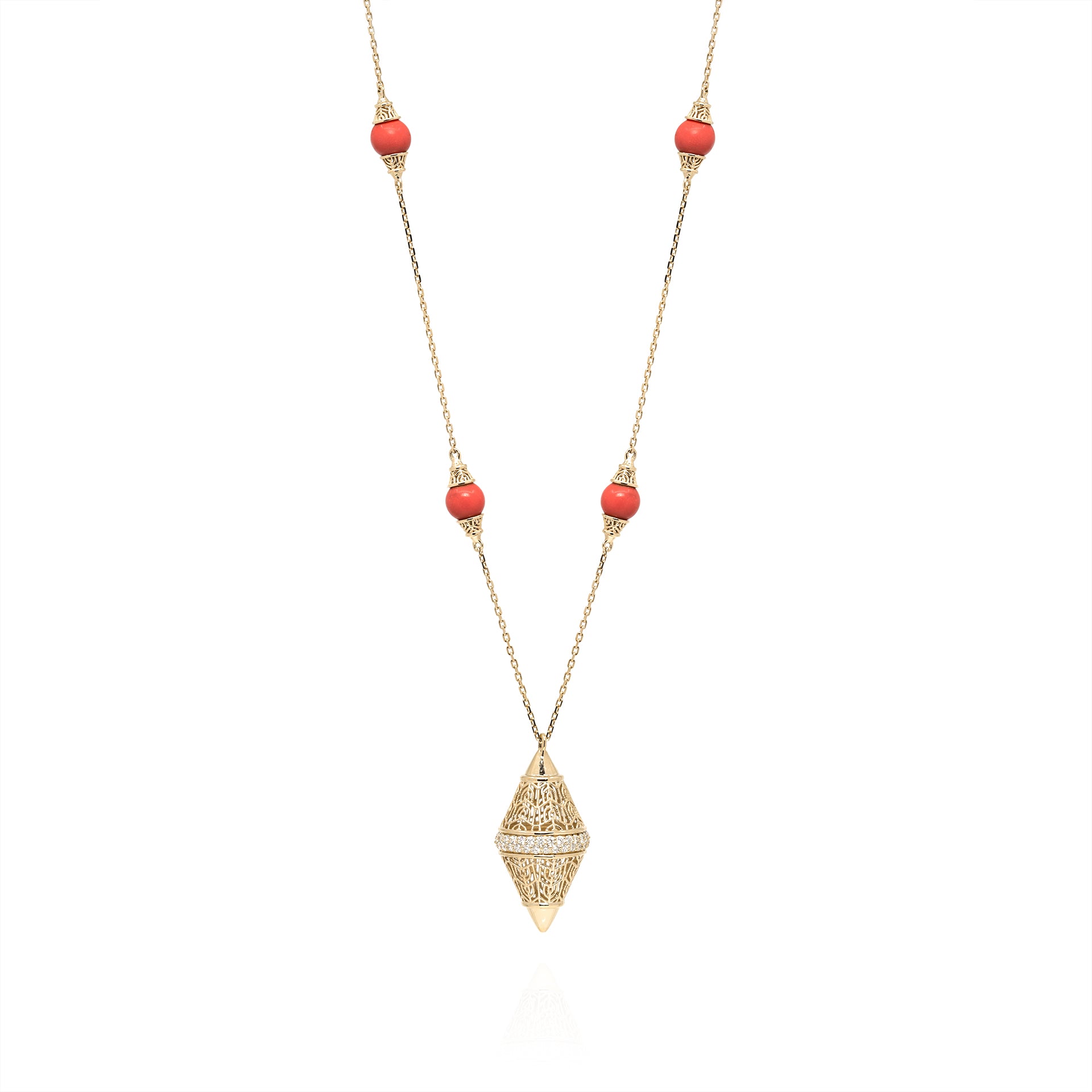 18k Yellow Gold Large Pendant Necklace with Coral and Diamonds