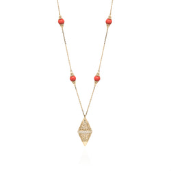 18k Yellow Gold Large Pendant Necklace with Coral and Diamonds