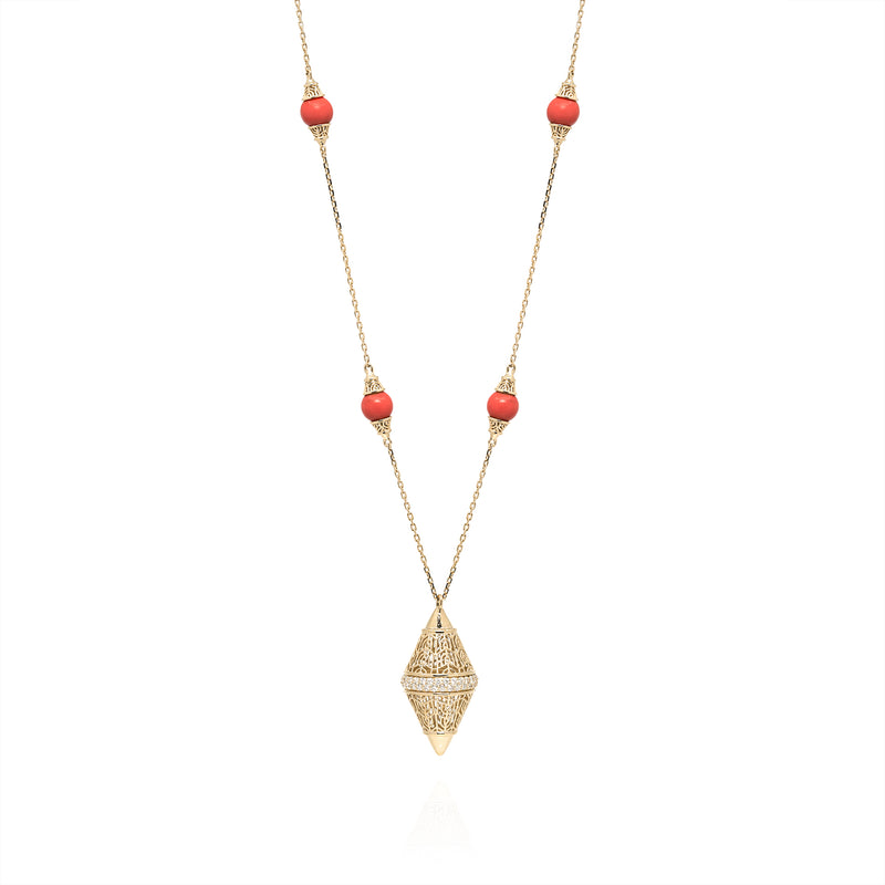 18k Yellow Gold Large Pendant Necklace with Coral and Diamonds