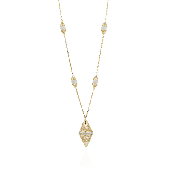 18k Yellow Gold Large Pendant Necklace with Mother of Pearl and Diamonds
