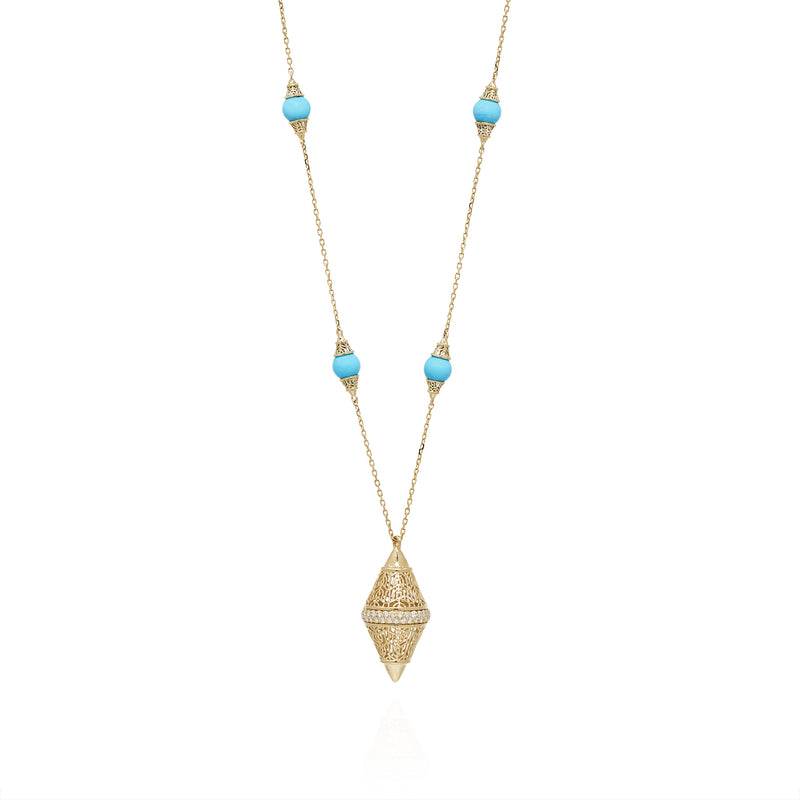 18k Yellow Gold Large Pendant Necklace with Turquoise and Diamonds