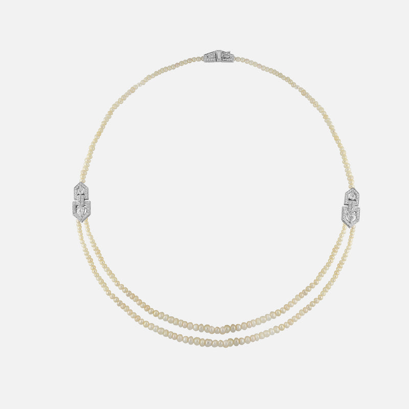 Arab deco necklace in white gold and white pearls with diamonds - Al Zain Jewellery