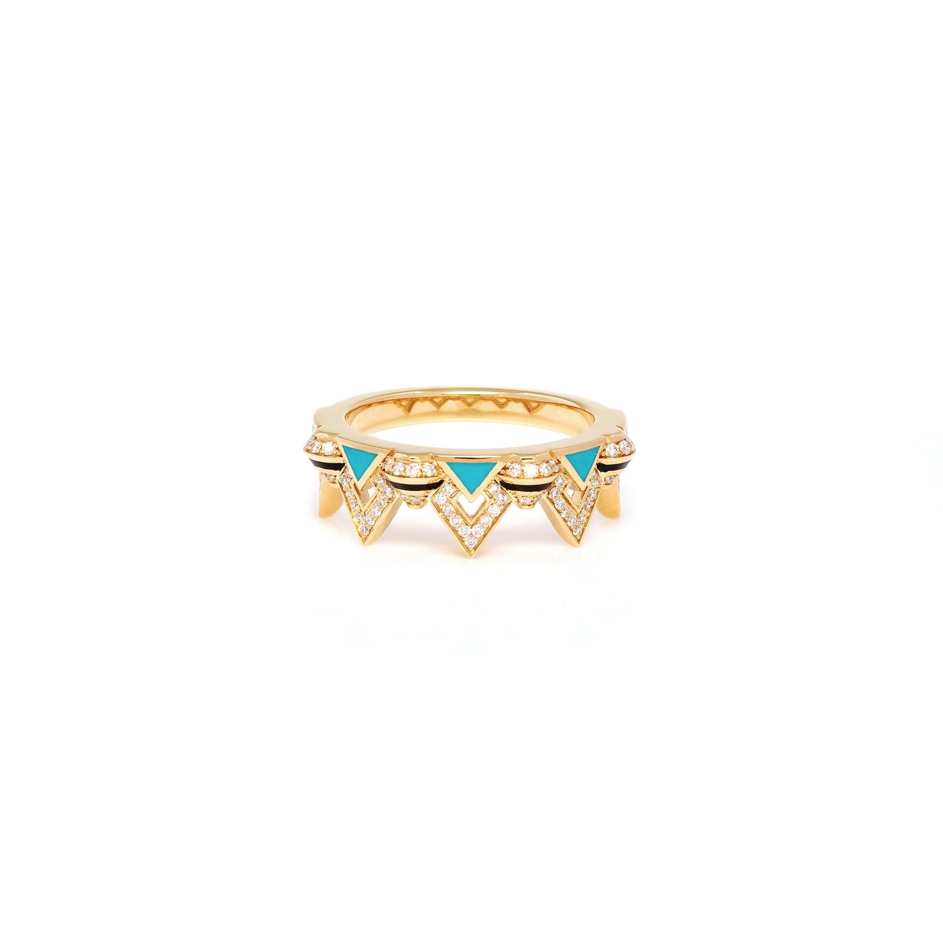 18k Yellow Gold Ring with Black & Turquoise Hyceram and Diamonds