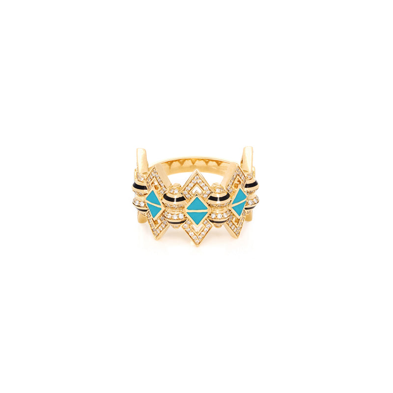 18k Yellow Gold Ring with Black & Turquoise Hyceram and Diamonds