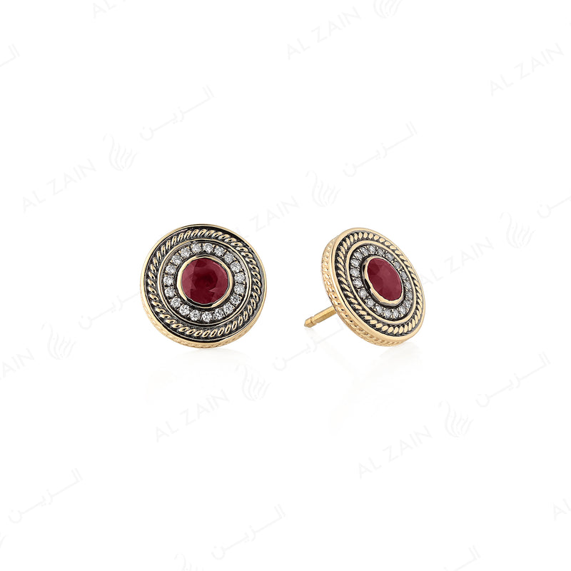 18k Antique Precious Medallion earrings in yellow gold with ruby and diamonds