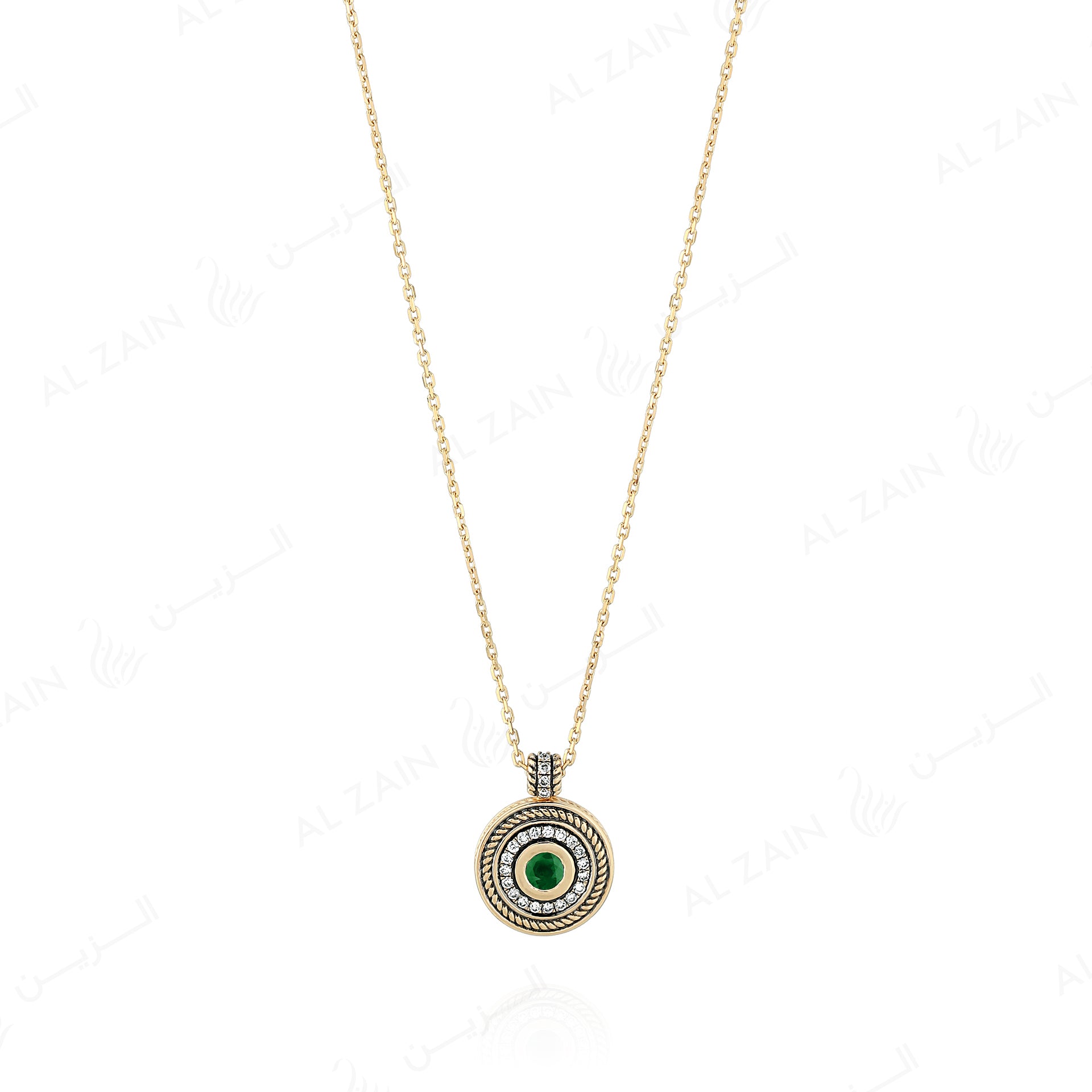 18k Antique Precious Medallion necklace in yellow gold with emerald and diamonds