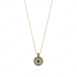 18k Antique Precious Medallion necklace in yellow gold with emerald and diamonds