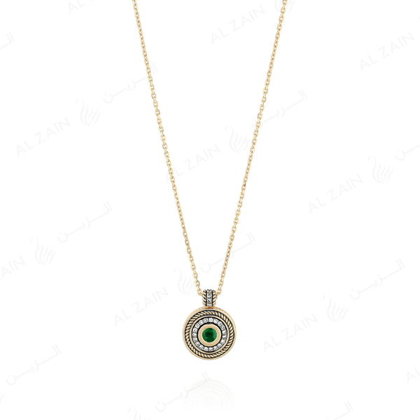 18k Antique Precious Medallion necklace in yellow gold with emerald and diamonds