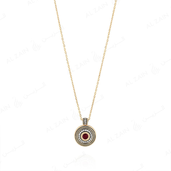 18k Antique Precious Medallion necklace in yellow gold with ruby and diamonds
