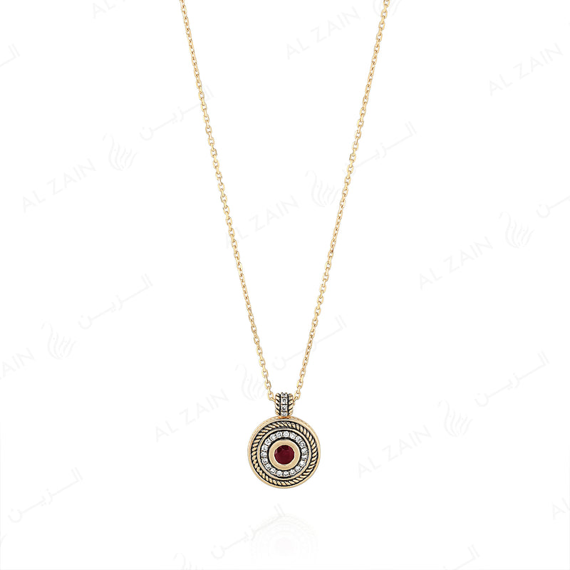 18k Antique Precious Medallion necklace in yellow gold with ruby and diamonds