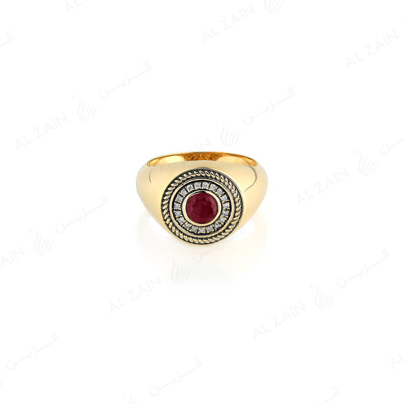 18k Antique Precious Medallion ring in yellow gold with ruby and diamonds