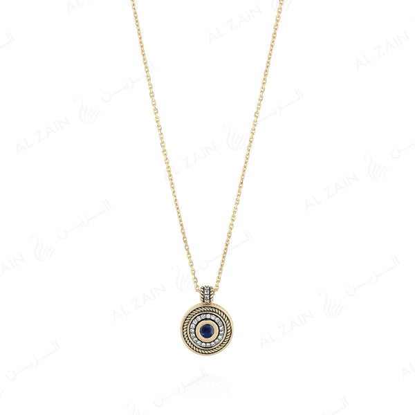 18k Antique Precious Medallion necklace in yellow gold with sapphire and diamonds