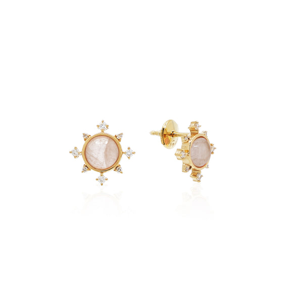 Melati "Rise" stud earrings in Yellow Gold with Rose Quartz and diamonds